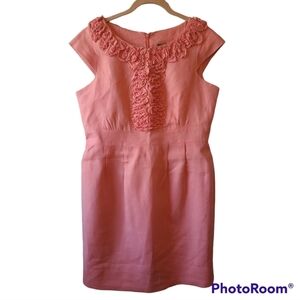 Taylor* Linen* Sheath Dress* Ruffle  Detail* Cap Sleeve* Salmon* Sz 12